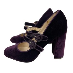 Nine West Almond Toe Y2K Mary Jane Purple Velvet Chunky Heels 7